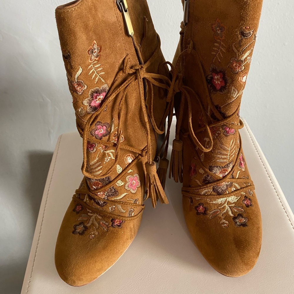 Sam Edelman Floral Embroidered Suede Ankle Boots - Brown